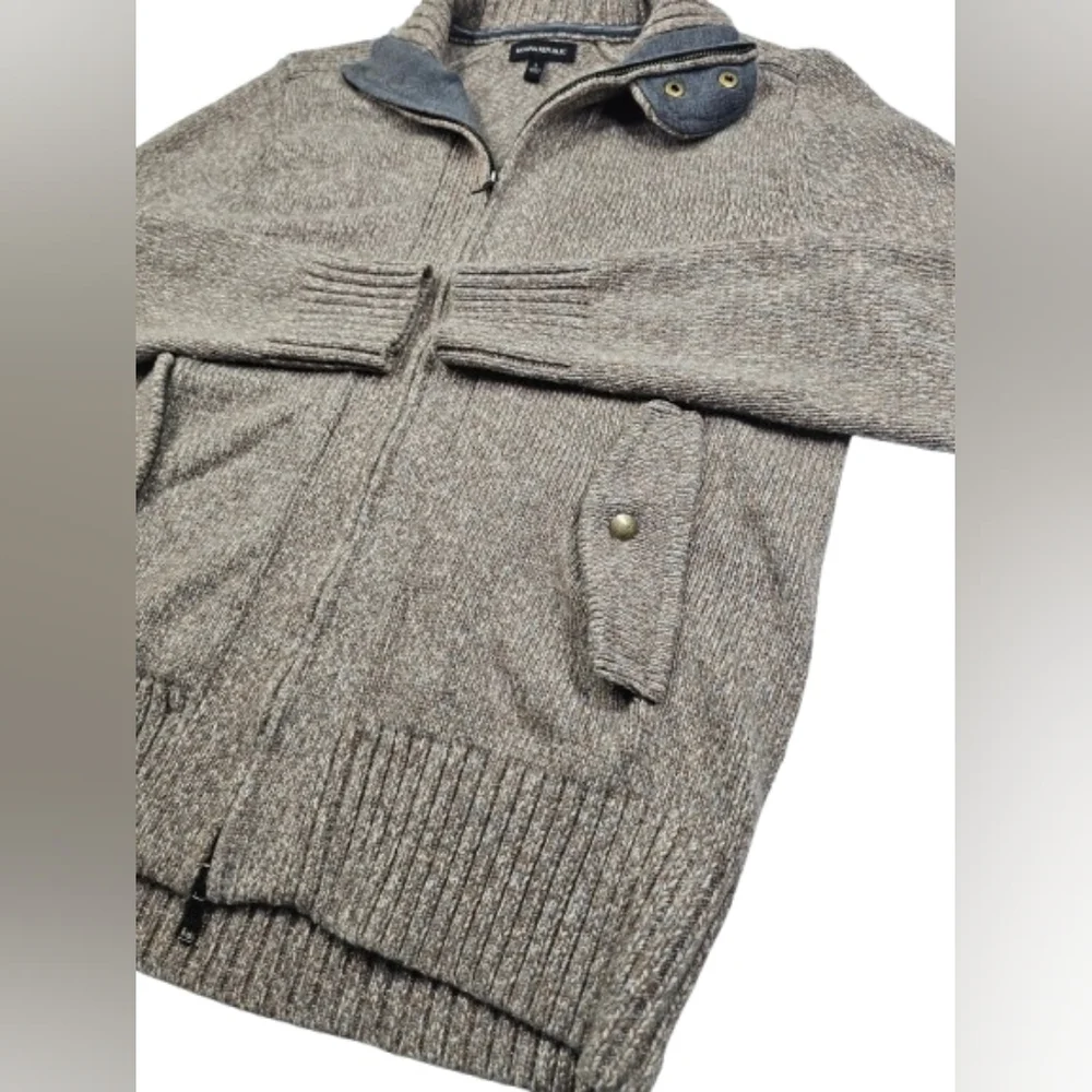 Banana Republic Lambs Wool Blend Variegated Taupe Tan Gray Knit Full Zip Sweater